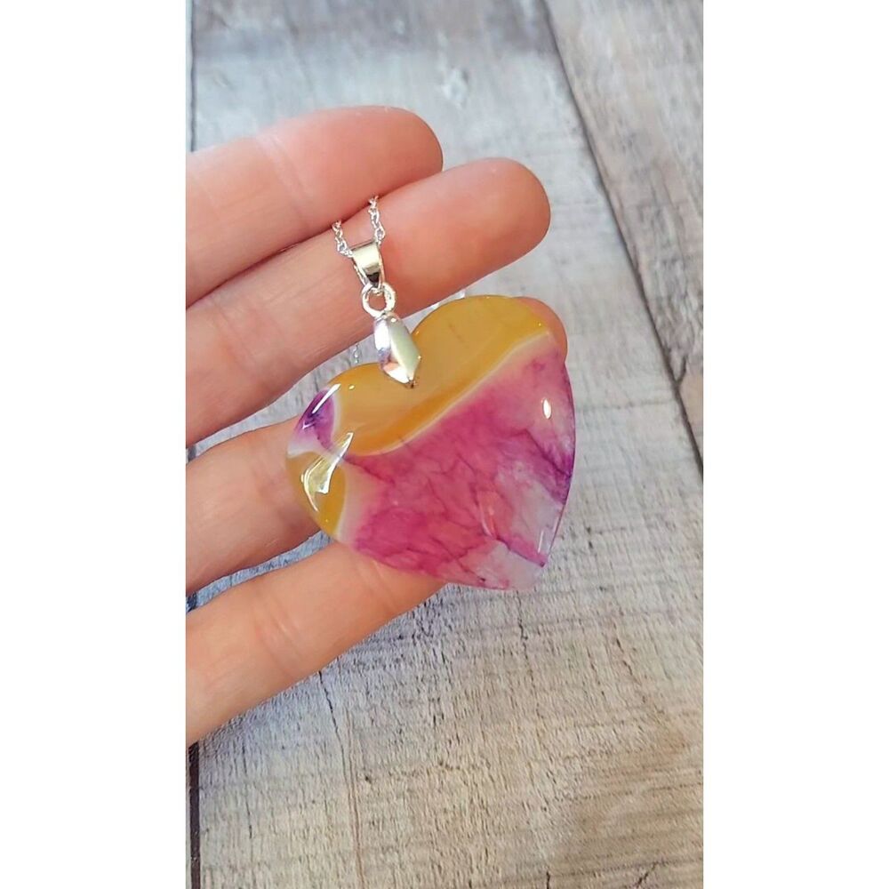 Druzy Agate Heart Necklace Purple Pink Yellow Crystal Pendant